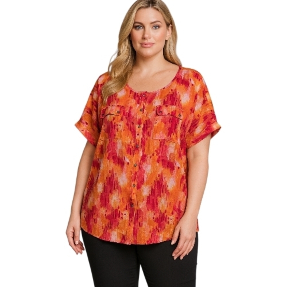 Cato Woman Orange Multi Abstract Print Button-Front Blouse Size 26/28W.